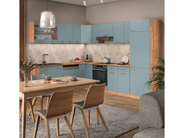 Clearance Vicco R-Line Einbauküche Blau-Grau/Goldkraft Eiche 227 x 287 cm ohne Arbeitsplatte ohne E-Geräte Blaugrau