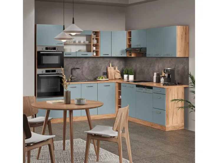 Winkelküchen<Vicco R-Line Einbauküche Blau-Grau/Goldkraft Eiche 237 x 60 cm ohne Arbeitsplatte ohne E-Geräte Blaugrau