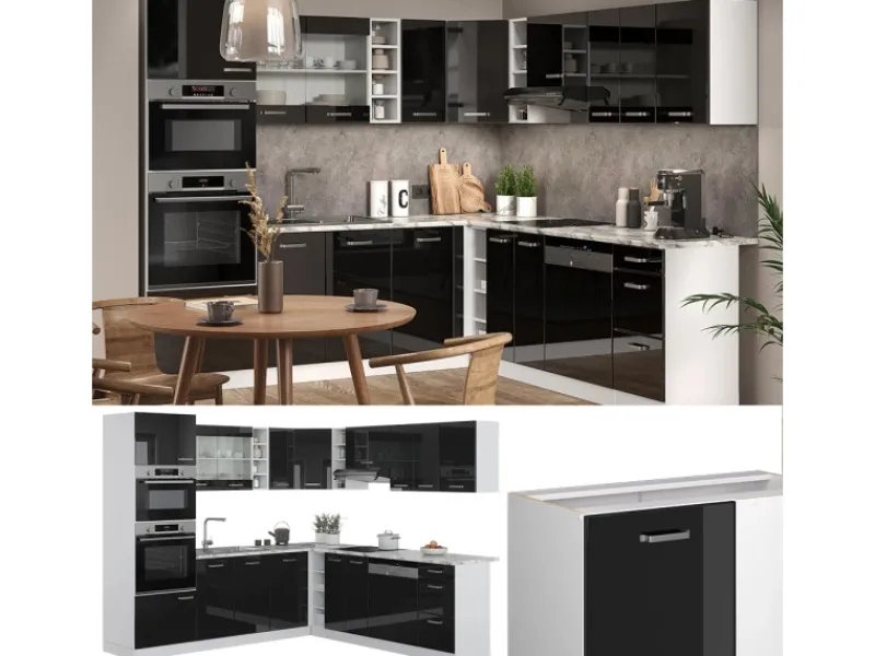 Clearance Vicco R-Line Einbauküche in L-Form 237 x 60 cm AP Marmor ohne E-Geräte Winkelküchen|Einbauküchen