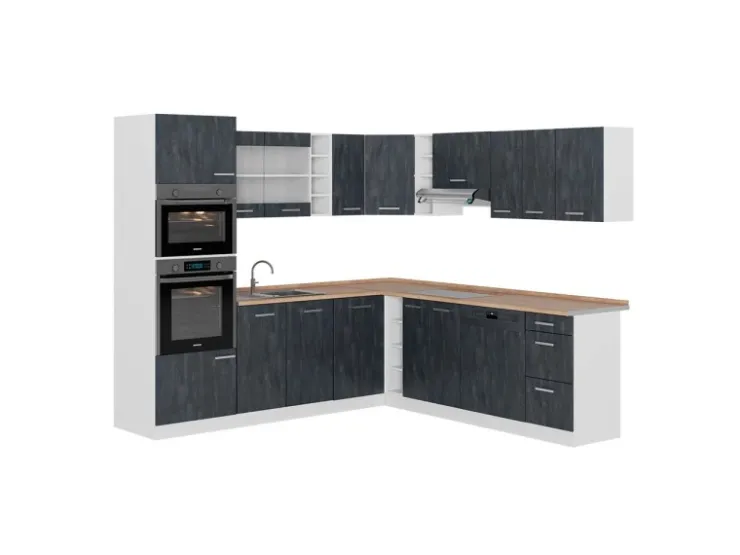 Winkelküchen|Einbauküchen<Vicco R-Line Einbauküche in L-Form Schwarz Beton/Weiß 237 x 247 cm AP Eiche ohne E-Geräte Beton Dunkelgrau