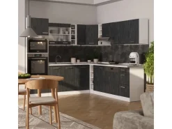 Winkelküchen|Einbauküchen<Vicco R-Line Einbauküche in L-Form Schwarz Beton/Weiß 237 x 247 cm AP Eiche ohne E-Geräte Beton Dunkelgrau