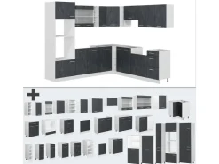 Winkelküchen|Einbauküchen<Vicco R-Line Einbauküche in L-Form Schwarz Beton/Weiß 237 x 247 cm AP Eiche ohne E-Geräte Beton Dunkelgrau