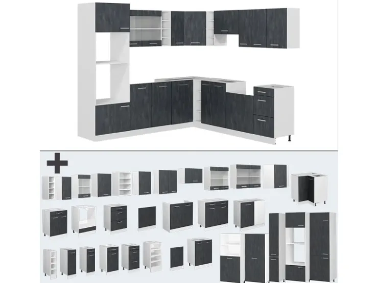 Winkelküchen|Einbauküchen<Vicco R-Line Einbauküche in L-Form Schwarz Beton/Weiß 237 x 247 cm AP Eiche ohne E-Geräte Beton Dunkelgrau
