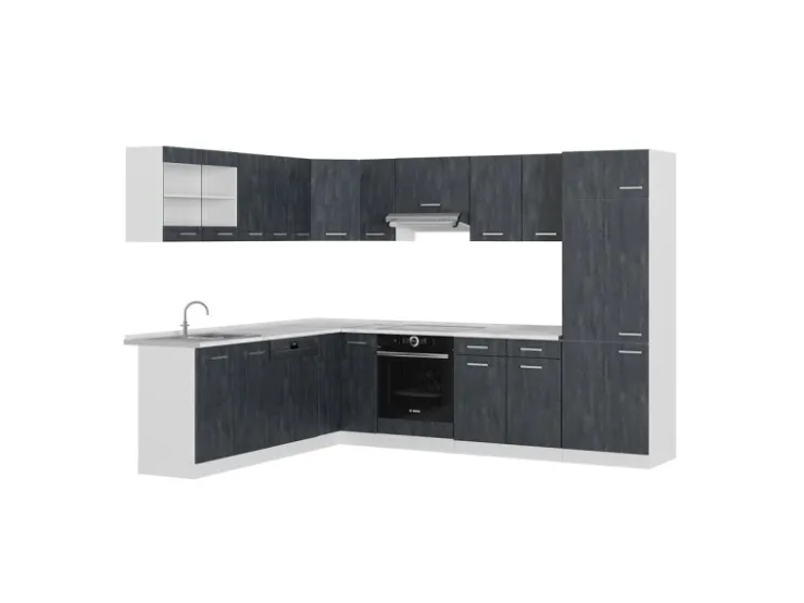 Vicco R-Line Einbauküche in L-Form Schwarz Beton/Weiß 227 x 287 cm ohne Arbeitsplatte ohne E-Geräte Beton Dunkelgrau