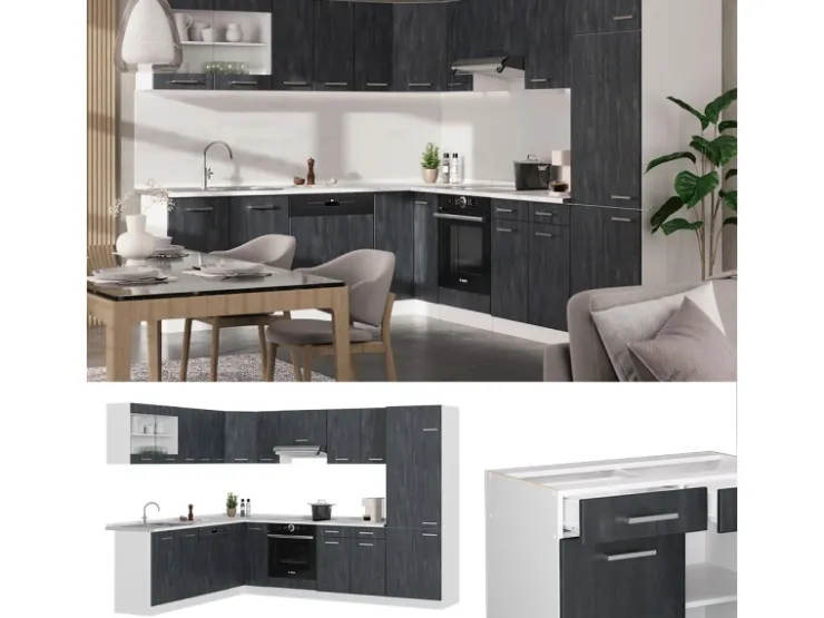 Vicco R-Line Einbauküche in L-Form Schwarz Beton/Weiß 227 x 287 cm ohne Arbeitsplatte ohne E-Geräte Beton Dunkelgrau
