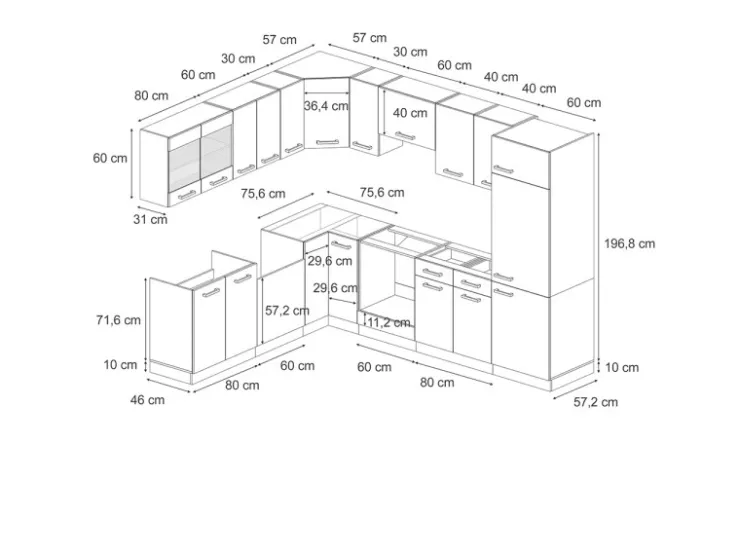 Vicco R-Line Einbauküche in L-Form Schwarz Beton/Weiß 227 x 287 cm ohne Arbeitsplatte ohne E-Geräte Beton Dunkelgrau