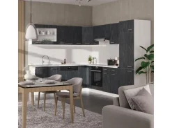 Vicco R-Line Einbauküche in L-Form Schwarz Beton/Weiß 227 x 287 cm ohne Arbeitsplatte ohne E-Geräte Beton Dunkelgrau
