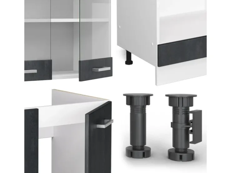 Vicco R-Line Einbauküche in L-Form Schwarz Beton/Weiß 227 x 287 cm ohne Arbeitsplatte ohne E-Geräte Beton Dunkelgrau