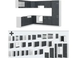 Vicco R-Line Einbauküche in L-Form Schwarz Beton/Weiß 227 x 287 cm ohne Arbeitsplatte ohne E-Geräte Beton Dunkelgrau