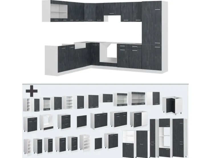 Vicco R-Line Einbauküche in L-Form Schwarz Beton/Weiß 227 x 287 cm ohne Arbeitsplatte ohne E-Geräte Beton Dunkelgrau