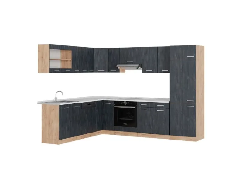 Vicco R-Line Einbauküche in L-Form Schwarz Beton/Goldkraft Eiche 227 x 287 cm AP Marmor ohne E-Geräte Winkelküchen|Einbauküchen