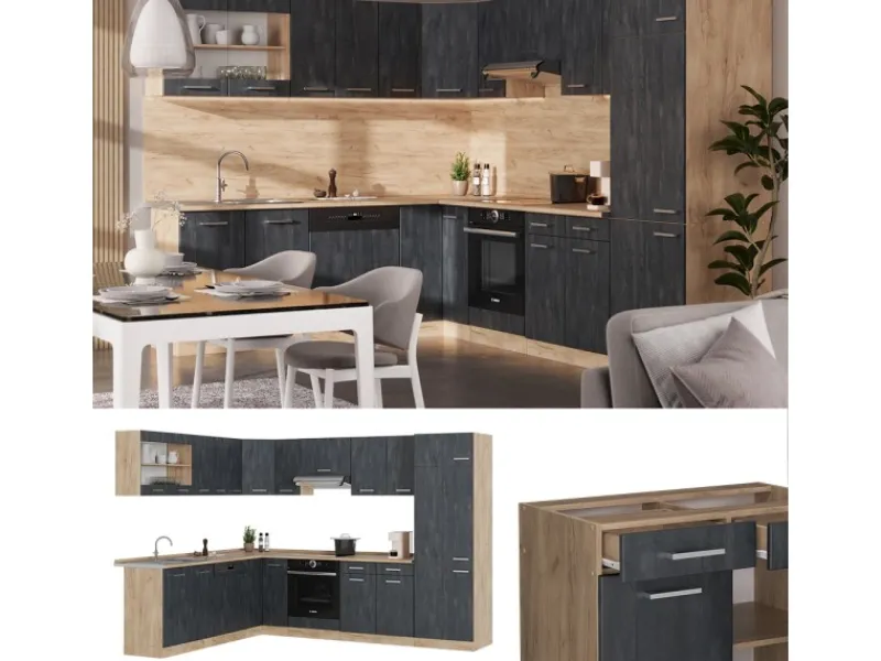 Vicco R-Line Einbauküche in L-Form Schwarz Beton/Goldkraft Eiche 227 x 287 cm AP Marmor ohne E-Geräte Winkelküchen|Einbauküchen