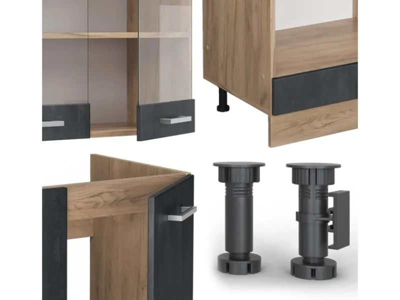 Vicco R-Line Einbauküche in L-Form Schwarz Beton/Goldkraft Eiche 227 x 287 cm AP Marmor ohne E-Geräte Winkelküchen|Einbauküchen