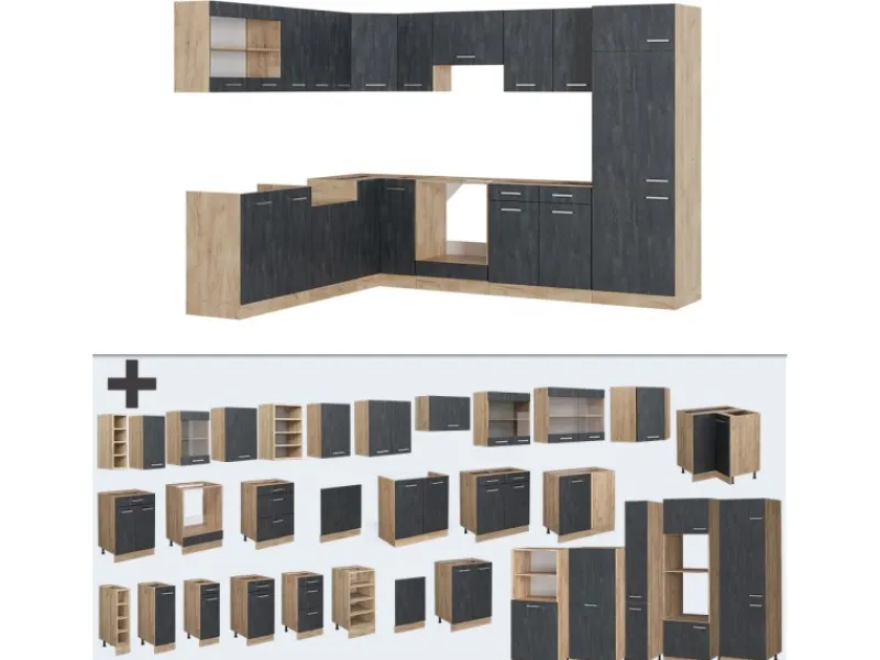 Vicco R-Line Einbauküche in L-Form Schwarz Beton/Goldkraft Eiche 227 x 287 cm AP Marmor ohne E-Geräte Winkelküchen|Einbauküchen