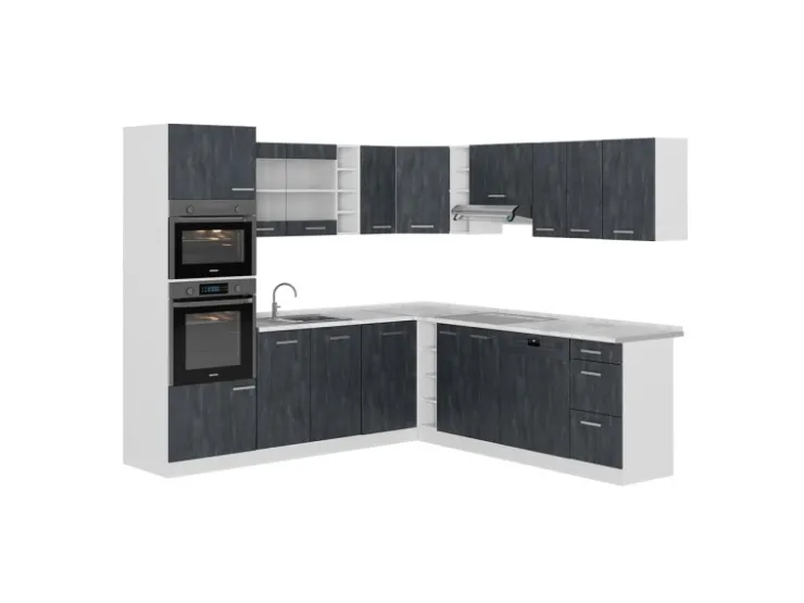 Winkelküchen|Einbauküchen<Vicco R-Line Einbauküche in L-Form Schwarz Beton/Weiß 237 x 247 cm ohne Arbeitsplatte ohne E-Geräte Beton Dunkelgrau