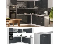 Winkelküchen|Einbauküchen<Vicco R-Line Einbauküche in L-Form Schwarz Beton/Weiß 237 x 247 cm ohne Arbeitsplatte ohne E-Geräte Beton Dunkelgrau