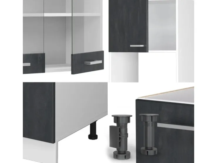 Winkelküchen|Einbauküchen<Vicco R-Line Einbauküche in L-Form Schwarz Beton/Weiß 237 x 247 cm ohne Arbeitsplatte ohne E-Geräte Beton Dunkelgrau
