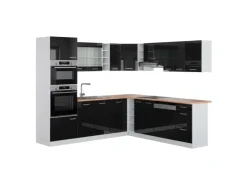 Winkelküchen|Einbauküchen<Vicco R-Line Einbauküche in L-Form /Weiß 237 x 247 cm AP Eiche ohne E-Geräte Schwarz Hochglanz