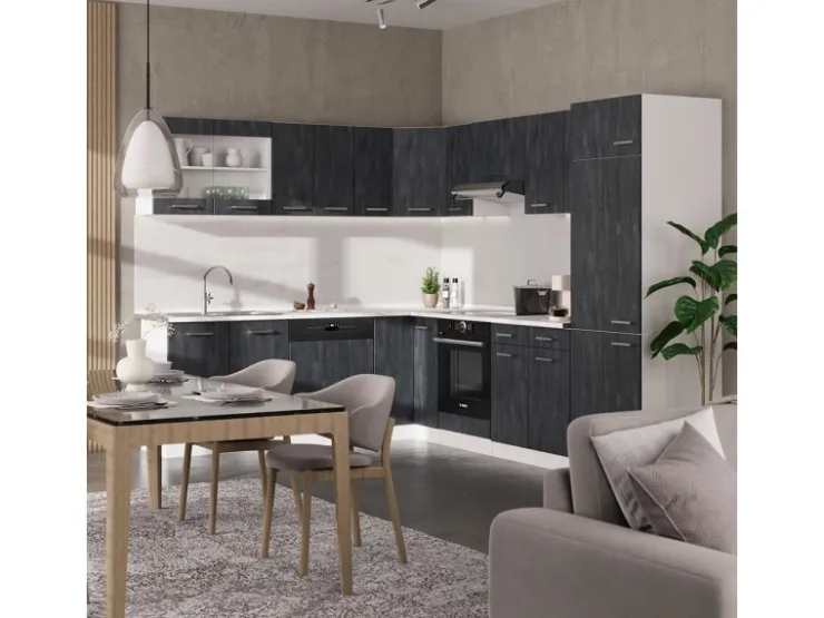 Winkelküchen|Einbauküchen<Vicco R-Line Einbauküche in L-Form Schwarz Beton/Weiß 227 x 287 cm AP Marmor ohne E-Geräte Beton Dunkelgrau