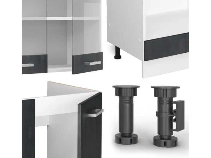 Winkelküchen|Einbauküchen<Vicco R-Line Einbauküche in L-Form Schwarz Beton/Weiß 227 x 287 cm AP Marmor ohne E-Geräte Beton Dunkelgrau