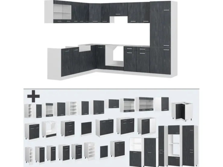 Winkelküchen|Einbauküchen<Vicco R-Line Einbauküche in L-Form Schwarz Beton/Weiß 227 x 287 cm AP Marmor ohne E-Geräte Beton Dunkelgrau