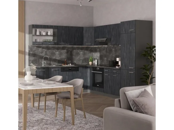 Clearance Vicco R-Line Einbauküche in L-Form Schwarz Beton/Anthrazit 227 x 287 cm AP Marmor ohne E-Geräte Beton Anthrazit