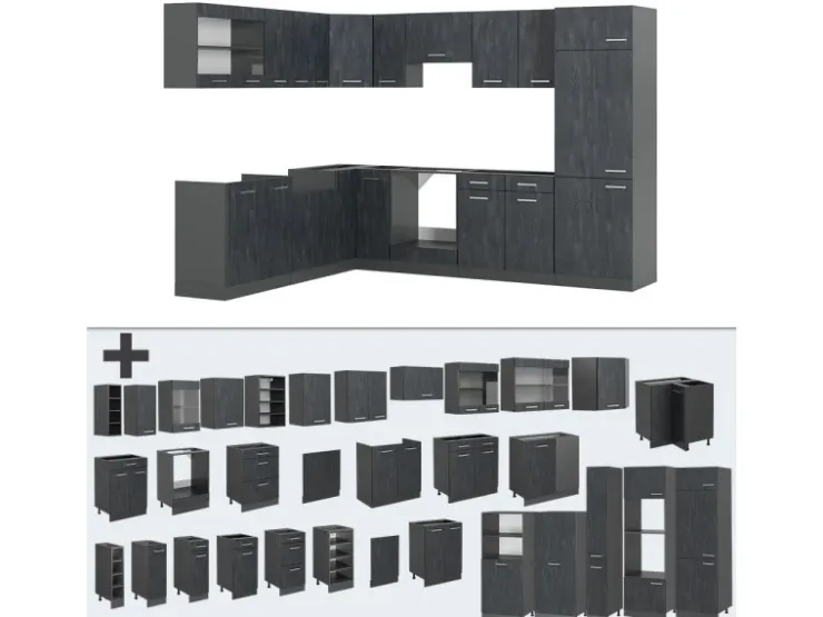 Clearance Vicco R-Line Einbauküche in L-Form Schwarz Beton/Anthrazit 227 x 287 cm AP Marmor ohne E-Geräte Beton Anthrazit