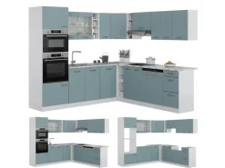 Clearance Vicco R-Line Einbauküche in L-Form Blau-Grau/Weiß 237 x 247 cm AP Eiche ohne E-Geräte Blaugrau