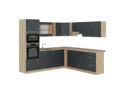 Winkelküchen|Einbauküchen<Vicco R-Line Einbauküche in L-Form Schwarz Beton/Goldkraft Eiche 237 x 247 cm AP Eiche ohne E-Geräte Beton Dunkelgrau