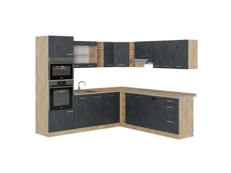 Winkelküchen|Einbauküchen<Vicco R-Line Einbauküche in L-Form Schwarz Beton/Goldkraft Eiche 237 x 247 cm AP Eiche ohne E-Geräte Beton Dunkelgrau