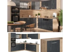Winkelküchen|Einbauküchen<Vicco R-Line Einbauküche in L-Form Schwarz Beton/Goldkraft Eiche 237 x 247 cm AP Eiche ohne E-Geräte Beton Dunkelgrau