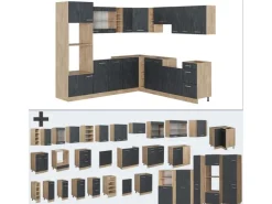 Winkelküchen|Einbauküchen<Vicco R-Line Einbauküche in L-Form Schwarz Beton/Goldkraft Eiche 237 x 247 cm AP Eiche ohne E-Geräte Beton Dunkelgrau