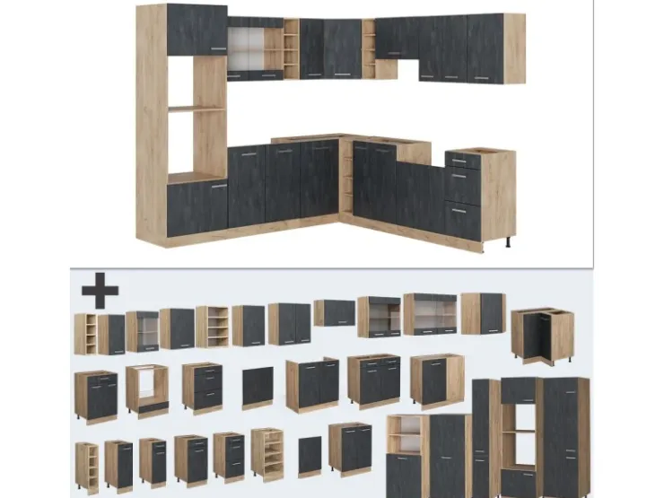 Winkelküchen|Einbauküchen<Vicco R-Line Einbauküche in L-Form Schwarz Beton/Goldkraft Eiche 237 x 247 cm AP Eiche ohne E-Geräte Beton Dunkelgrau