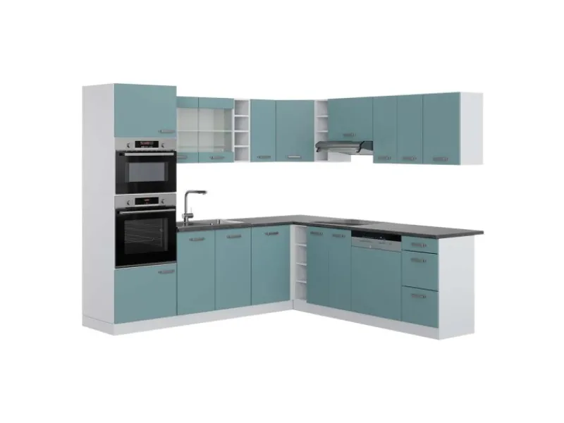 Clearance Vicco R-Line Einbauküche in L-Form Blau-Grau/Weiß 237 x 247 cm AP Anthrazit ohne E-Geräte Winkelküchen|Einbauküchen