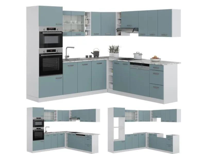 Clearance Vicco R-Line Einbauküche in L-Form Blau-Grau/Weiß 237 x 247 cm AP Anthrazit ohne E-Geräte Winkelküchen|Einbauküchen