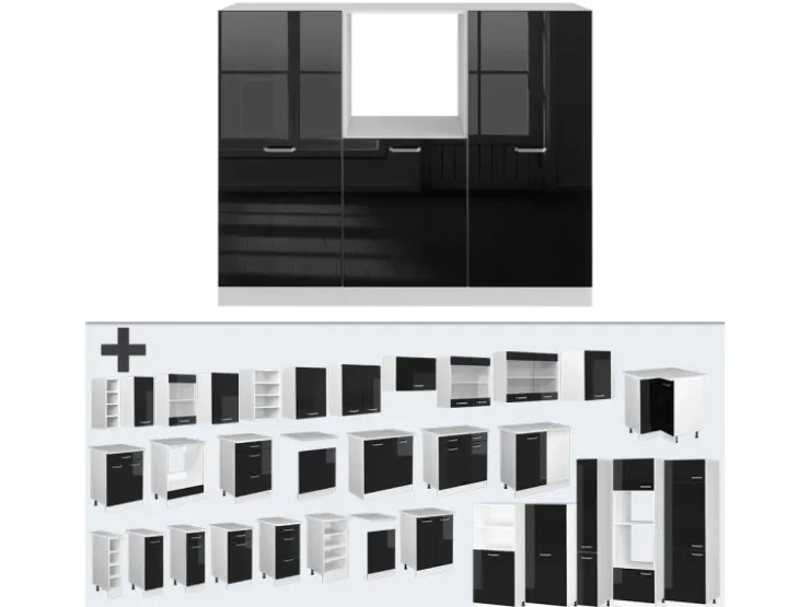 Hot Vicco R-Line Einbauküche /Weiß 180 cm ohne Arbeitsplatte ohne E-Geräte Schwarz Hochglanz