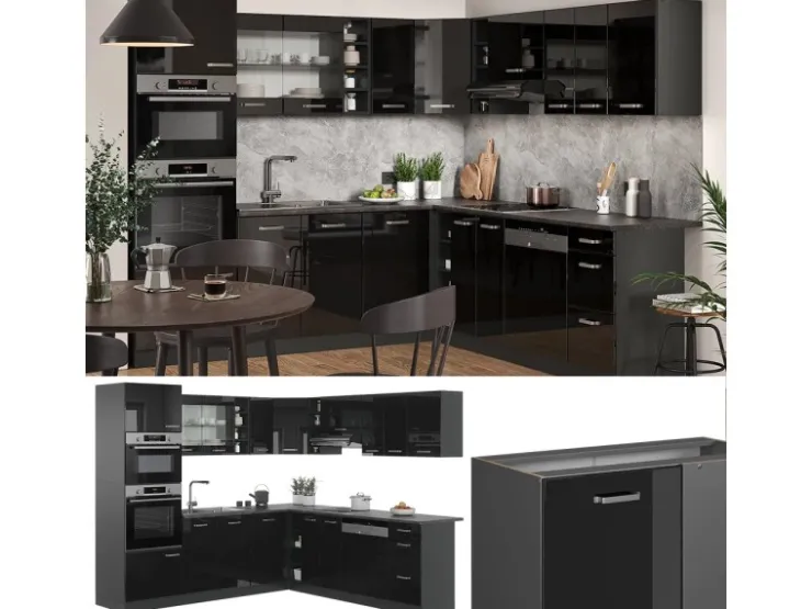 Outlet Vicco R-Line Einbauküche /Anthrazit 237 x 60 cm ohne Arbeitsplatte ohne E-Geräte Schwarz Hochglanz
