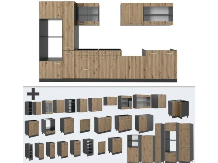 Einbauküchen<Vicco R-Line Küche Artisan Eiche/Anthrazit 350 cm mit HochschrankAP Marmor ohne E-Geräte Eiche Hell