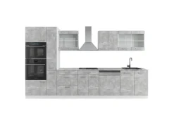 Einbauküchen<Vicco R-Line Küche Beton/Weiß 350 cm mit HochschrankAP Marmor ohne E-Geräte Betongrau