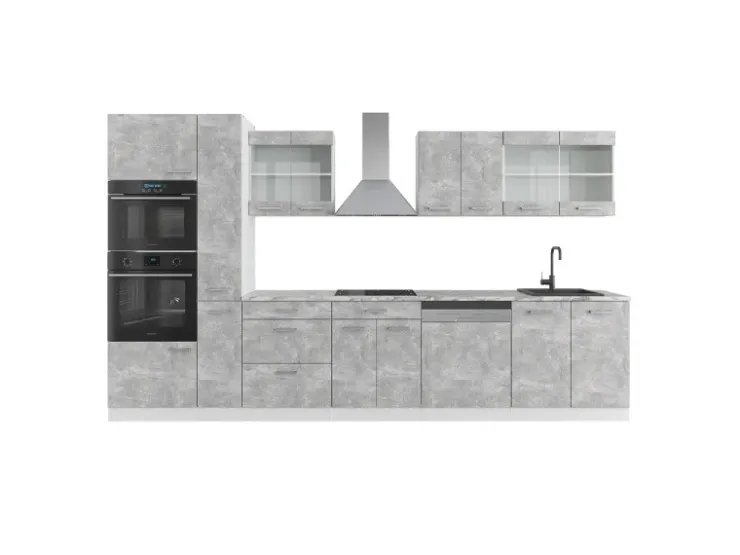 Einbauküchen<Vicco R-Line Küche Beton/Weiß 350 cm mit HochschrankAP Marmor ohne E-Geräte Betongrau