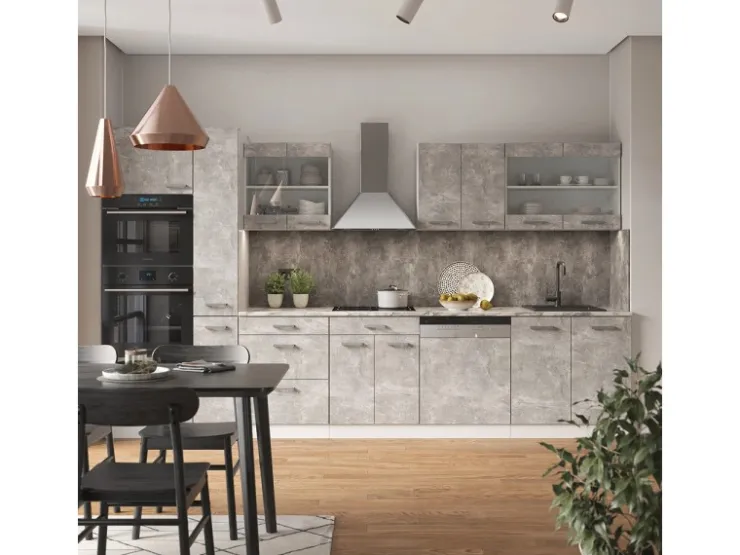 Einbauküchen<Vicco R-Line Küche Beton/Weiß 350 cm mit HochschrankAP Marmor ohne E-Geräte Betongrau
