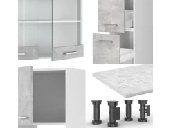 Einbauküchen<Vicco R-Line Küche Beton/Weiß 350 cm mit HochschrankAP Marmor ohne E-Geräte Betongrau