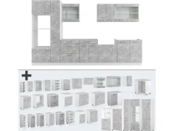 Einbauküchen<Vicco R-Line Küche Beton/Weiß 350 cm mit HochschrankAP Marmor ohne E-Geräte Betongrau