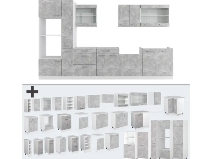 Einbauküchen<Vicco R-Line Küche Beton/Weiß 350 cm mit HochschrankAP Marmor ohne E-Geräte Betongrau
