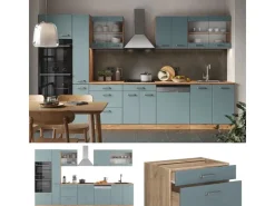 Hot Vicco R-Line Küche Blau-Grau/Goldkraft Eiche 350 cm mit HochschrankAP Marmor ohne E-Geräte Blaugrau