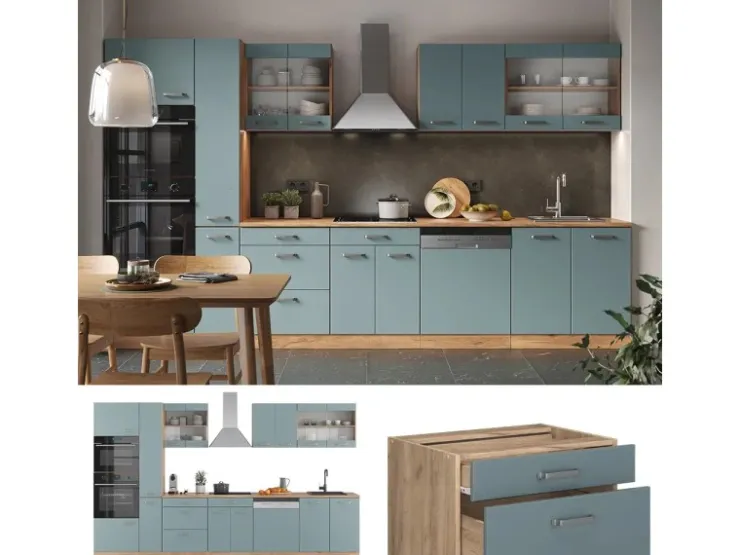 Hot Vicco R-Line Küche Blau-Grau/Goldkraft Eiche 350 cm mit HochschrankAP Marmor ohne E-Geräte Blaugrau