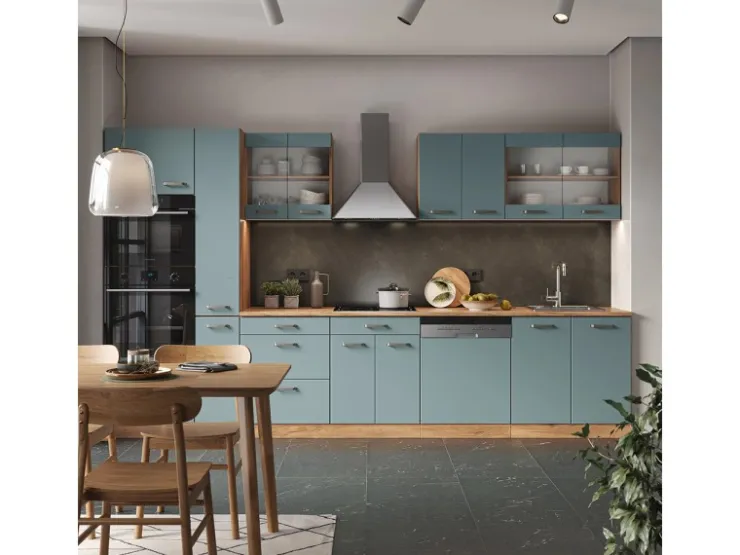 Hot Vicco R-Line Küche Blau-Grau/Goldkraft Eiche 350 cm mit HochschrankAP Marmor ohne E-Geräte Blaugrau