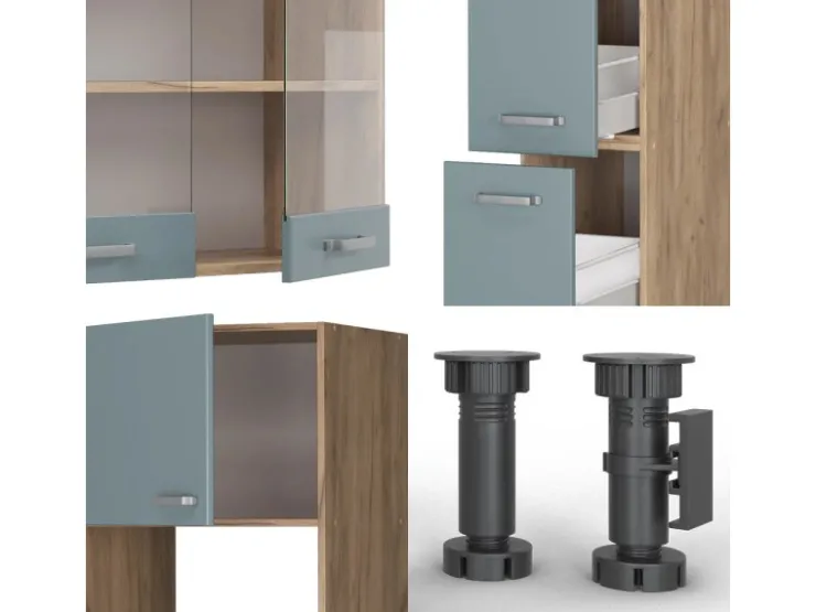 Hot Vicco R-Line Küche Blau-Grau/Goldkraft Eiche 350 cm mit HochschrankAP Marmor ohne E-Geräte Blaugrau