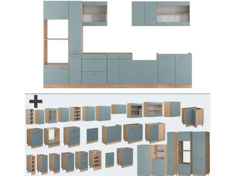 Sale Vicco R-Line Küche Blau-Grau/Goldkraft Eiche 350 cm mit Hochschrankohne Arbeitsplatte ohne E-Geräte Einbauküchen