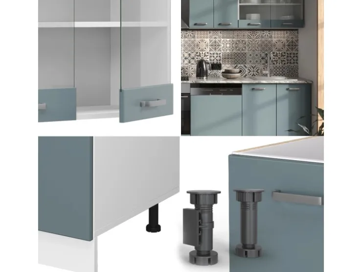 Pantryküchen|Einbauküchen<Vicco R-Line Küche Blau-Grau/Weiß 300 cm ohne Arbeitsplatte ohne E-Geräte Blaugrau